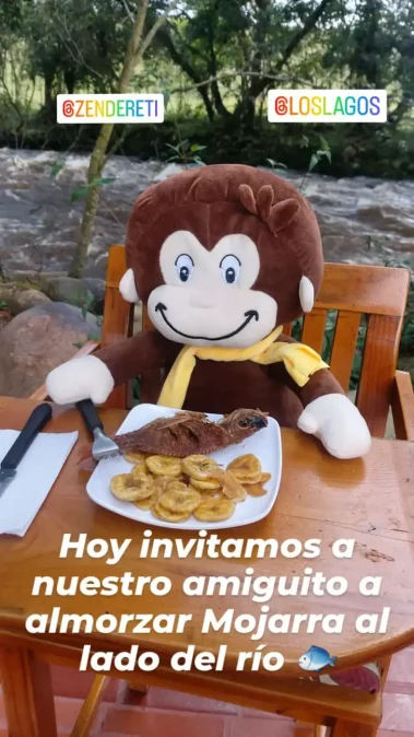 Tommy almorzando gamines al lado del río en el Restaurante Finca Los Lagos en Togüí Boyacá